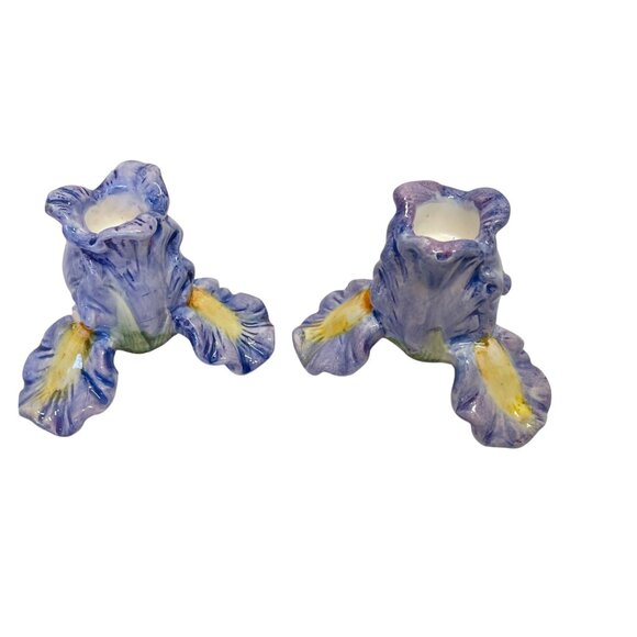 Vintage Ceramic Iris Flower Candle Holders Hand-Painted Purple & Yellow Floral D - Picture 3 of 11
